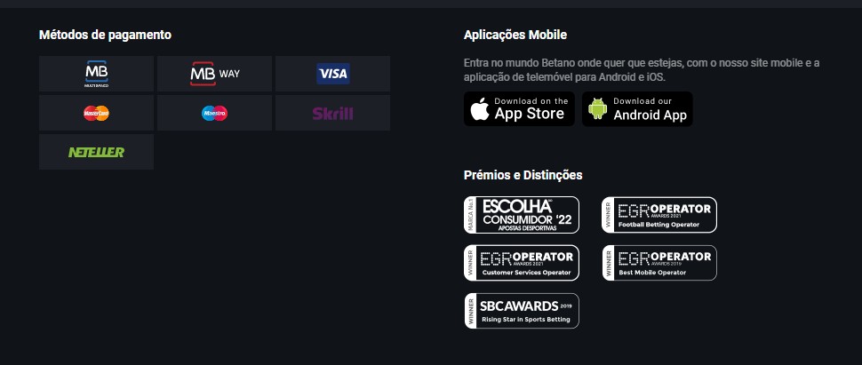 Betano: painel inferior do site